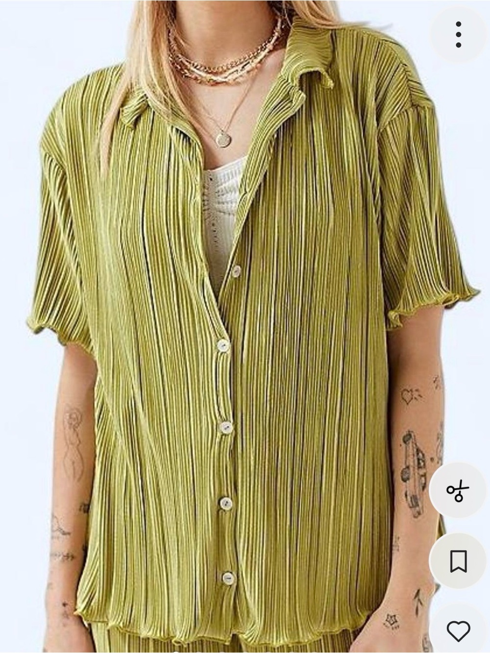 Olive Green Pleated Button-Up Shirt